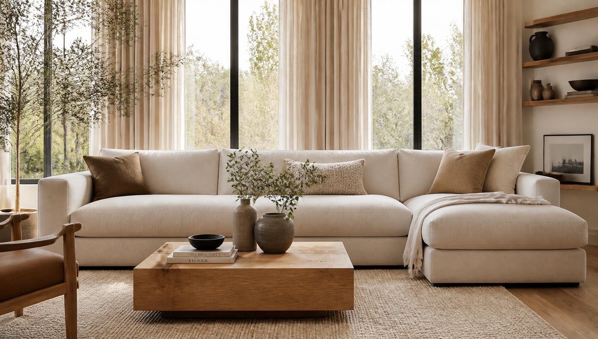 Modern living room with a beige linen sofa and oak coffee table